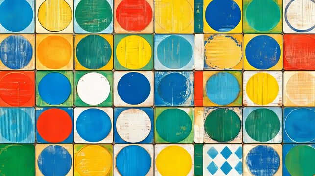 Abstract Geometric Tiles Featuring Vintage Pattern Of Colorful Rustic Circles In A Grid Texture