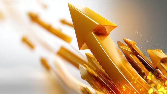 Shiny golden arrows moving upwards with sparkling light symbolizing progress upward trend improvement