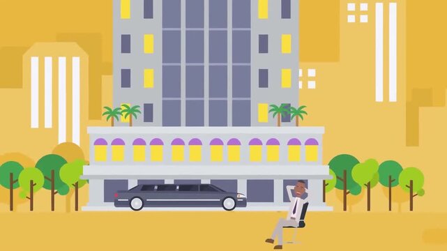 2D Animated Businessman Sitting Relaxed in Front of Luxury Hotel Building with Limousine Flat Vector Character Animation Footage