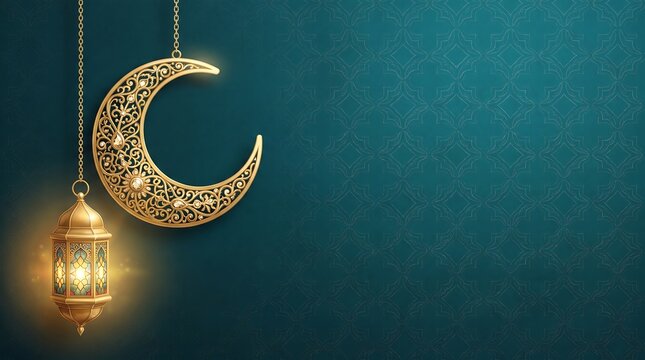 Golden crescent moon and ornate lantern hanging against a teal patterned background for Ramadan celebrations