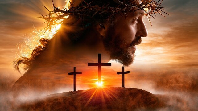 Jesus christ profile with crown of thorns and three crosses on a over golgotha hill sunrise