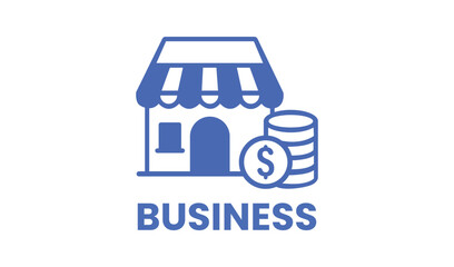 Fototapeta premium Blue icon of a small shop storefront with a stack of coins and a dollar sign symbol representing business and finance vector