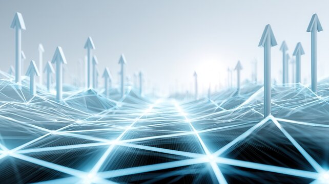 Blue arrows rising from connected network grid showing progress growth technology advancement and digital