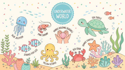 Fototapeta premium Underwater World, Cute Sea Animals, Marine Life and Ocean Vector Illustration