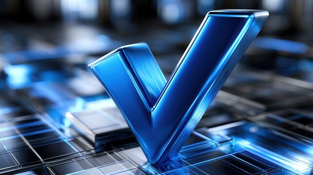 Blue checkmark symbol standing on glowing metallic blocks signifying success approval and verification digital context