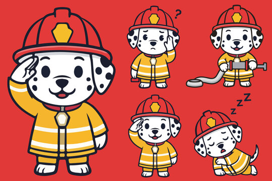 Friendly dalmatian dog wearing firefighter uniform performing diverse daily tasks like saluting and sleeping in uniform gear while holding equipment for public service awareness and safety