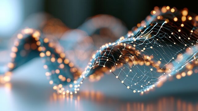 Abstract wavy surface with glowing network connections representing data flow technology concept and digital