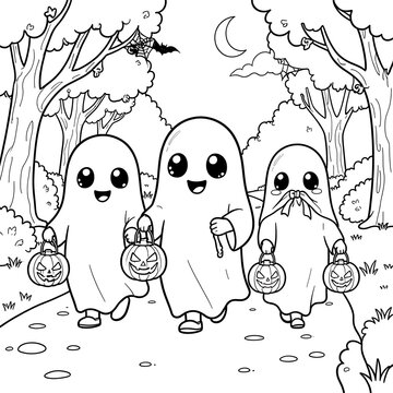 Cute kawaii ghost family holding pumpkin lanterns walking through a autumn forest for kids halloween coloring book created with generative ai.
