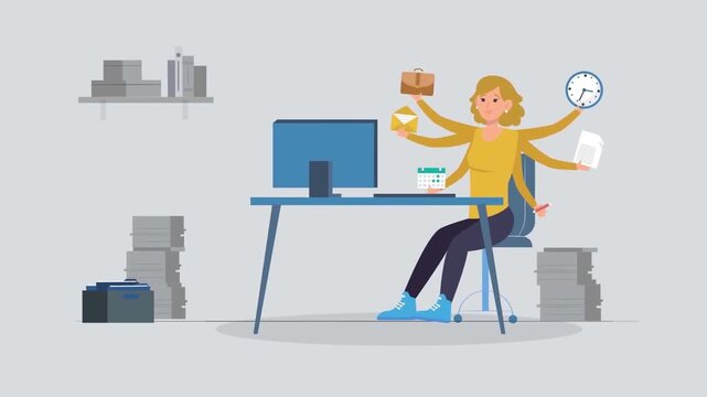 2D Animated Multitasking Employee with Many Arms Handling Tasks and Documents at Desk Flat Vector Character Animation Footage
