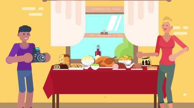2D Animated Photographer Taking Photo of Woman near Festive Food Table in Room Flat Vector Character Animation Footage