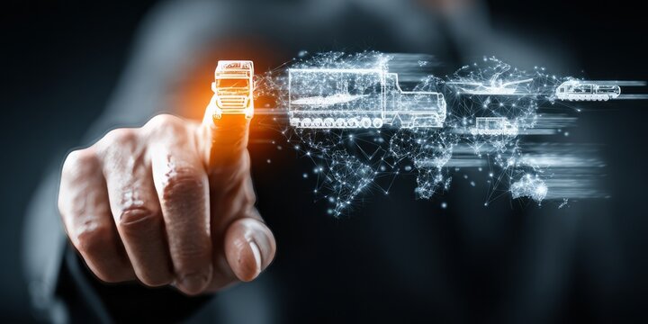 Businessman touching a digital truck on world map interface representing global logistics, freight transportation