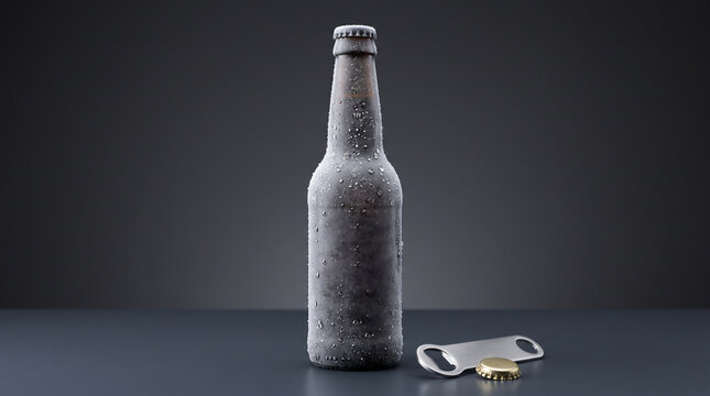 Ice-cold beer bottle with frost and condensation droplets next to a metal opener on a dark studio background.
