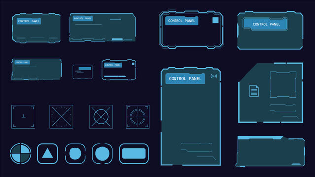 Futuristic neon blue HUD interface control panel frames set vector illustration. Sci-fi tech border, cyber target reticle box, digital GUI layout element collection isolated on dark background.