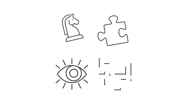 Animated boardgames outline icons. Tabletop games animation set. Development of strategic thinking. Having fun with brain teasers. Flat line motion graphics loop on transparent white