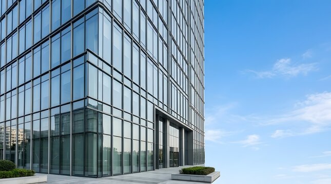 Modern glass office building facade under clear blue sky
