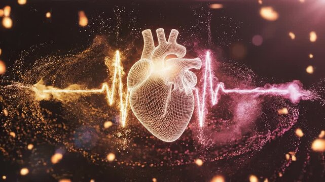 Futuristic 3d wireframe human heart animation with ekg pulse line.