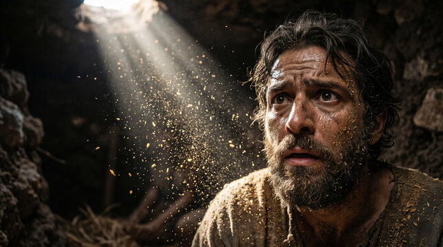 Gideon threshing wheat secretly and fearfully inside a sunken stone winepress to hide the food from the Midianite raiders
