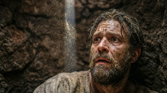 Gideon threshing wheat secretly and fearfully inside a sunken stone winepress to hide the food from the Midianite raiders