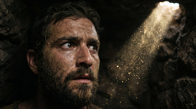 Gideon threshing wheat secretly and fearfully inside a sunken stone winepress to hide the food from the Midianite raiders