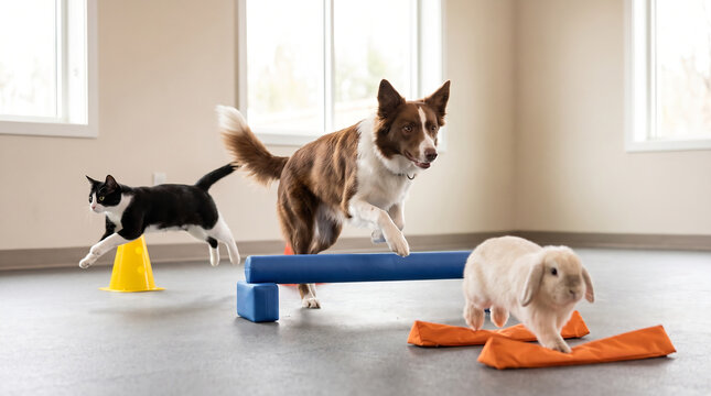 Playful Dogs and Cats Gathering Around a Bright Home Bathing Area During Everyday Grooming Time