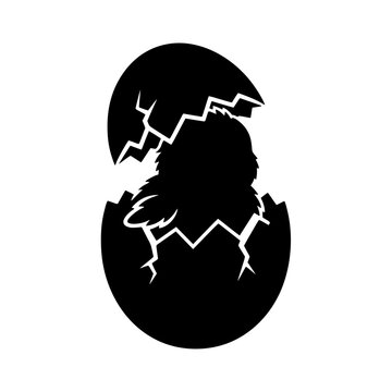 Hatching chick emerging from cracked egg silhouette vector illustration