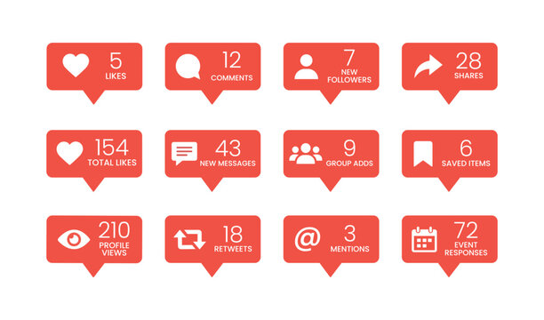 Set of social media notification icons with counters, red speech bubble buttons for web and mobile interface design vector