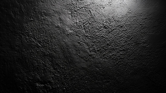 Abstract dark black concrete or stone wall texture background illuminated by a dramatic spotlight from above. Gritty rough textured asphalt surface for premium product presentation backdrops.
