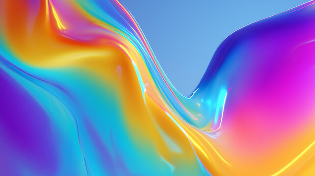 Abstract 3D render background featuring smooth iridescent liquid waves and glossy fluid shapes. Creative modern design with colorful neon light reflections and glass texture on a bright blue sky backd