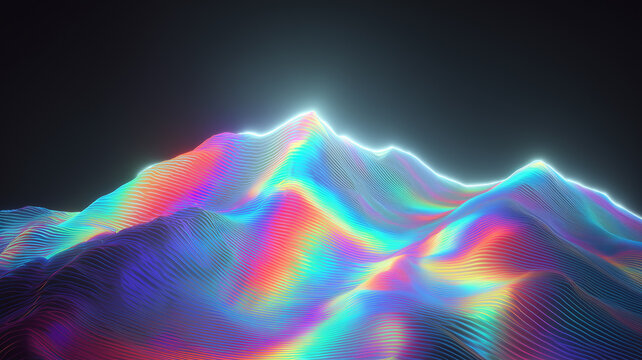 Abstract surreal mountain landscape background with a glowing neon topographic line texture. Futuristic 3D terrain render featuring vibrant iridescent holographic waves and a dark background.
