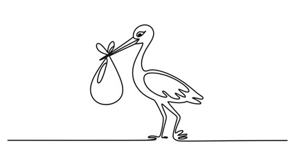 Obraz premium Continuous single line drawing of a stork carrying a baby bundle isolated on a white background Vector, illustration