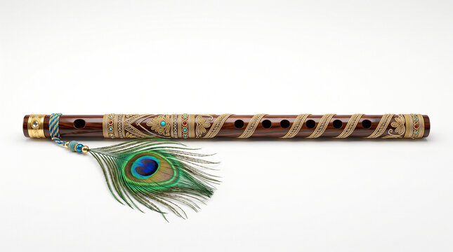 Elegant dark wood bansuri featuring gold filigree and a peacock feather on a white background.