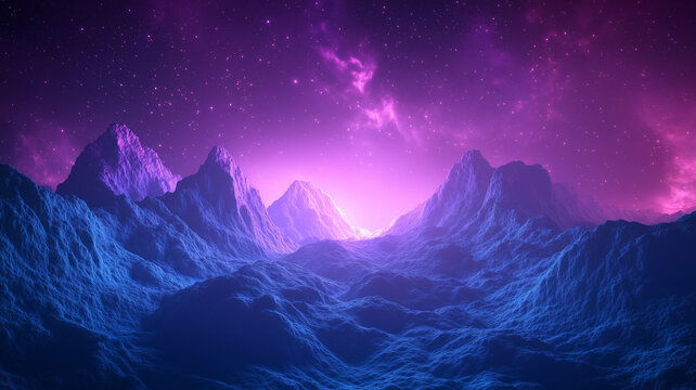 Abstract surreal mountain landscape background of an alien planet under a glowing starry galaxy sky. Cosmic 3D render illustration with textured blue rocky valleys and vibrant purple nebula clouds.
