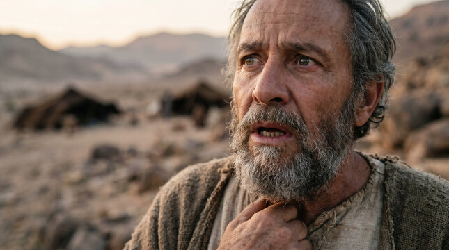 Balaam the prophet standing on a high, windy cliff, looking down at the massive Israelite camp, unable to curse them