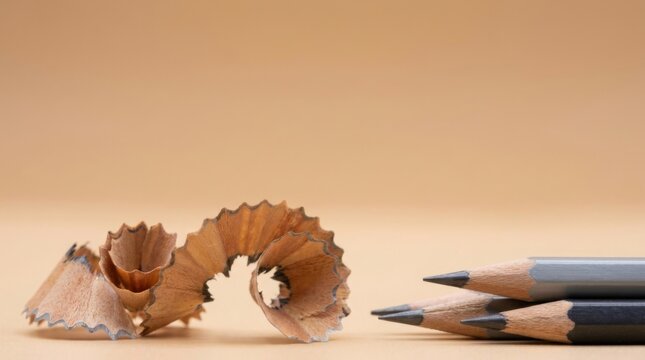 Pencil Shavings and Graphite Pencils on Warm Minimal Background With Copy Space