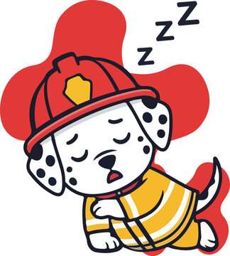 A cute dalmatian puppy wearing a red fire helmet and protective yellow uniform is sleeping soundly after a long shift at the local fire station while dreaming of saving lives in the busy city