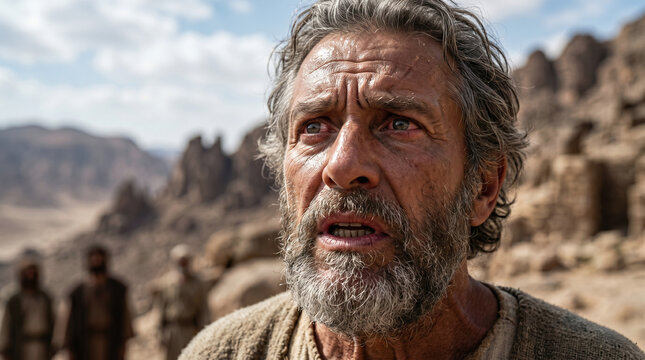 Balaam the prophet standing on a high, windy cliff, looking down at the massive Israelite camp, unable to curse them