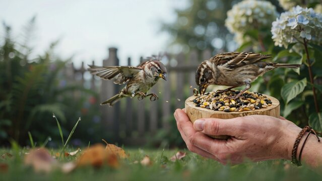 Two sparrows eating bird seeds from a person holding a wooden bowl in a garden with another approaches flight