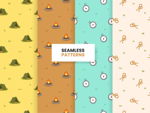 Camping Seamless Pattern Collection with Tents, Campfires, Compasses and Knots