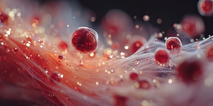 Abstract red blood cells flowing through biological tissue representing circulation, cellular health, hematology, medical science 