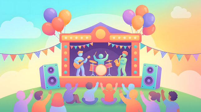 Vibrant Outdoor Music Festival Performance with Live Band and Cheering Crowd Illustration