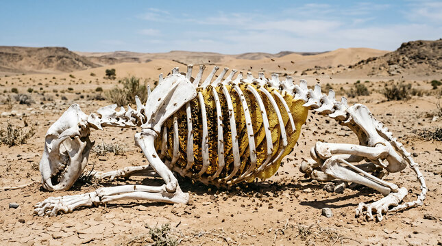 Samson discovering honey dripping from a massive honeycomb built entirely inside the bleached, dry ribcage of a dead lion
