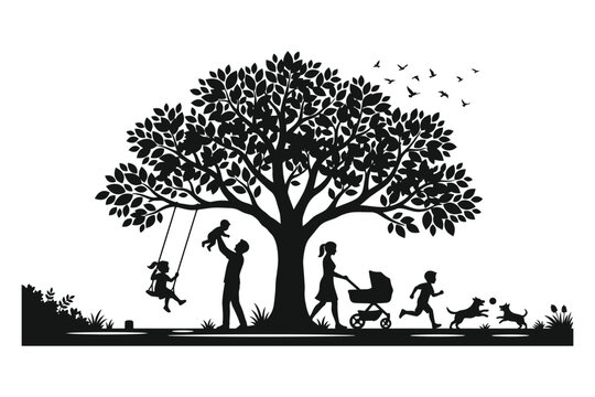 Black silhouette of a happy family with children, parents, baby stroller, and pet dog playing together under a large leafy tree in a park, designed for wall sticker graphic art decor.