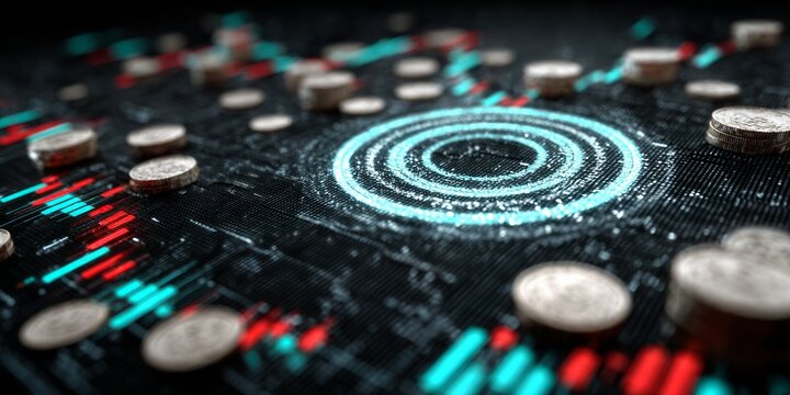 Digital financial dashboard with coins and glowing target symbol representing investment, trading, market analysis