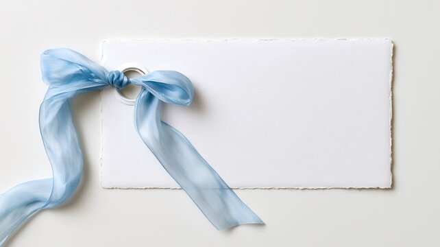 Blank textured paper card with a light blue ribbon bow offering space for custom invitation or greeting message