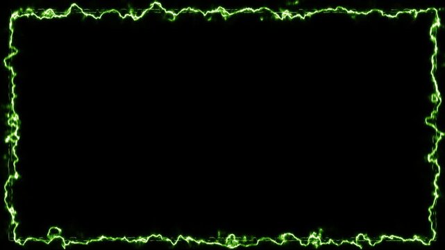 黒背景に緑色で激しく輝く稲妻と電気エネルギーが脈動する四角いフレームのシームレスループ動画素材