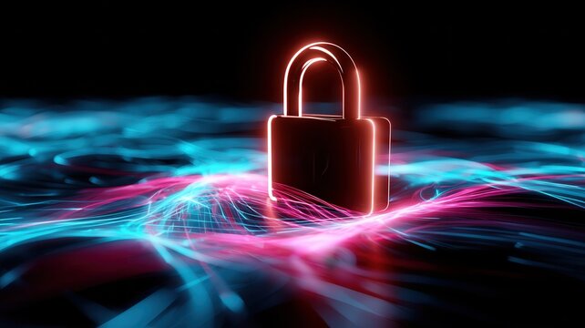 Padlock glowing with neon light representing data security cyber protection and digital privacy abstract light trails