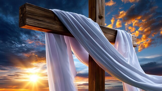 Wooden cross draped with white fabric symbolizing easter resurrection and hope under dramatic sunrise sky