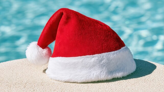 Santa hat resting poolside representing summer holiday travel and weather christmas celebrations warm