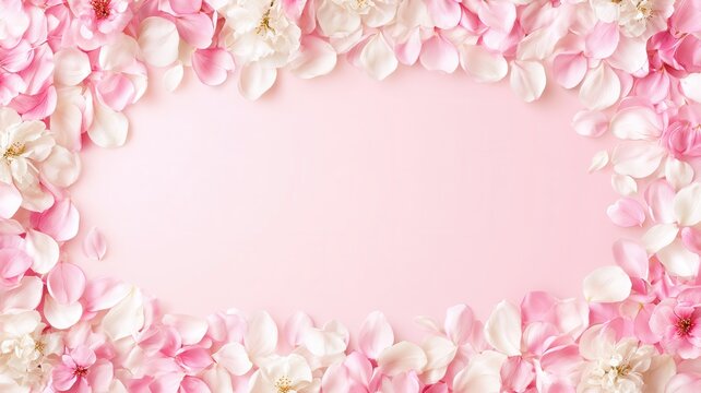 Pink and white flower petals and blossoms creating a gentle frame on a soft pink for spring greetings background