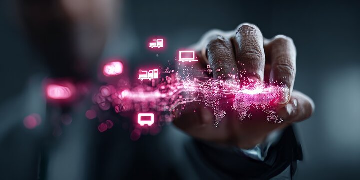 Businessman touching a digital world map with logistics icons, representing global supply chain, freight transportation